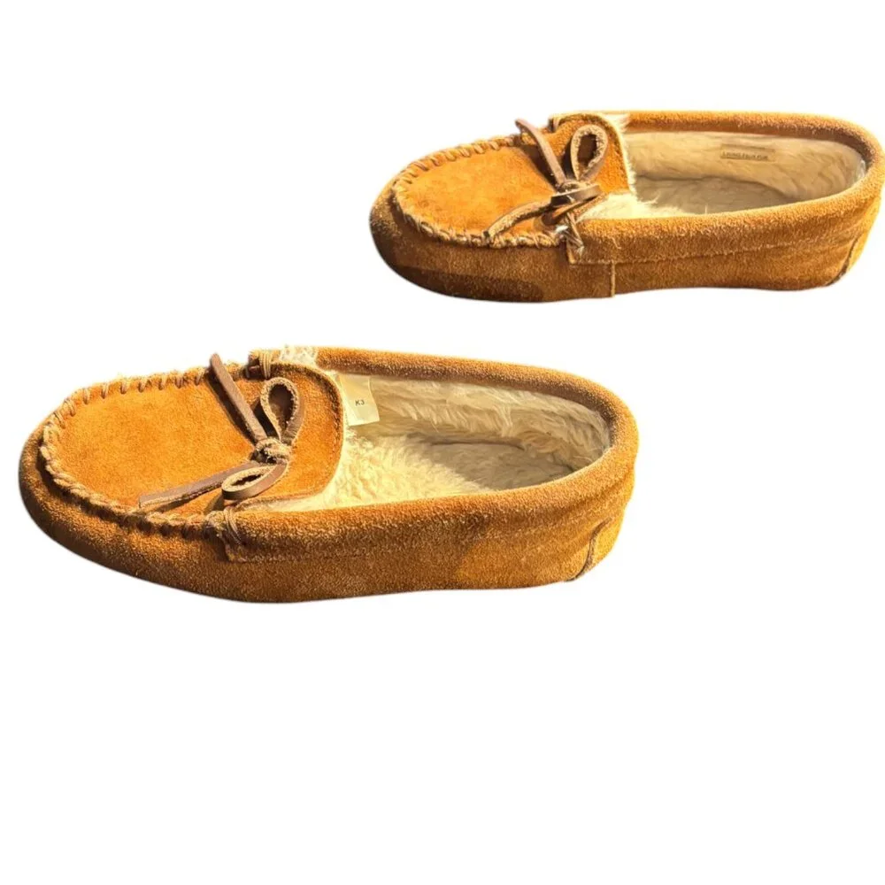 J Crew Crewcuts kids lodge moccasin slippers suede faux-shearling chestnut K3‎